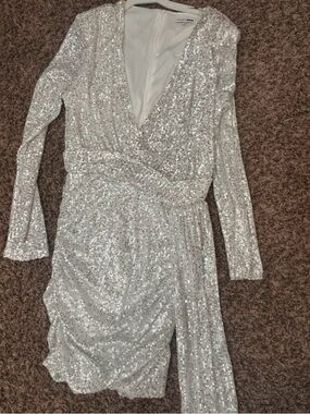 Fashion Nova Silver Sequin Long-Sleeve Wrap Mini Dress